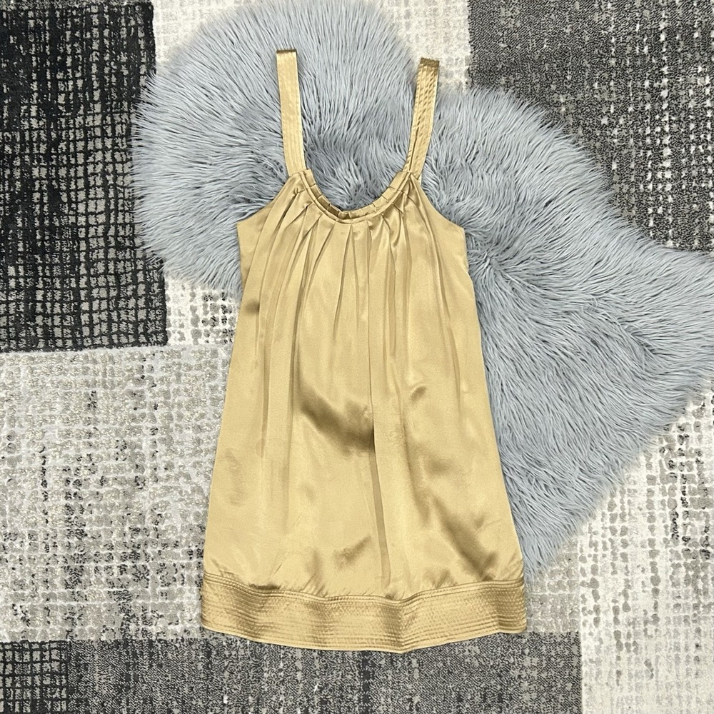 BCBG BCBGMaxAzria 100% Silk Gold Pleated Y2K Sleeveless Mini Slip Dress Size MP